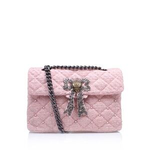 Kurt Geiger London Pink Tweed Kensington Bag with Beaded Bow Detail